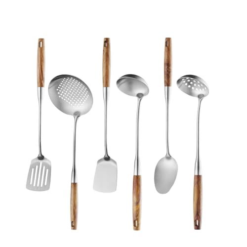 6 Pcs Cooking Utensils Set 304 Stainlss Steel Kitchen Utensils Set Heat Resistant Wooden Handle Kitchen Tools Metal Kitchen Utensil Soup Ladle Set (Wooden Handle-6 Pcs)