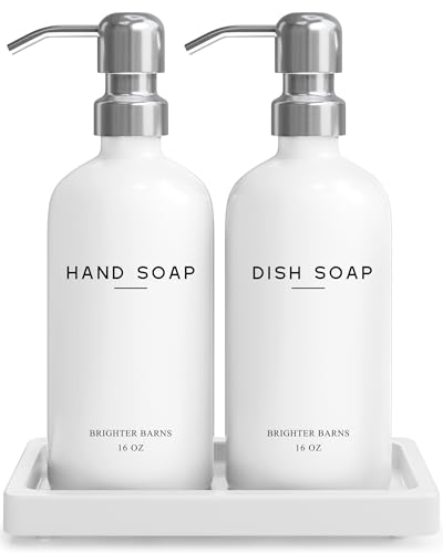 White Glass Hand and Dish Soap Dispenser Set by Brighter Barns (White/Silver Hd)