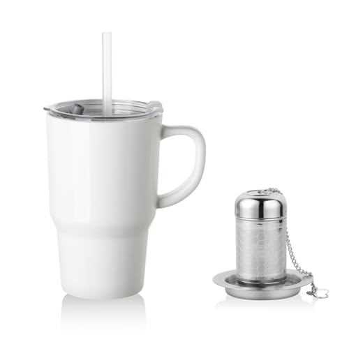 Sweejar Ceramic Tea Cup with Lid (White / Travel Cup(16 Fl Oz))