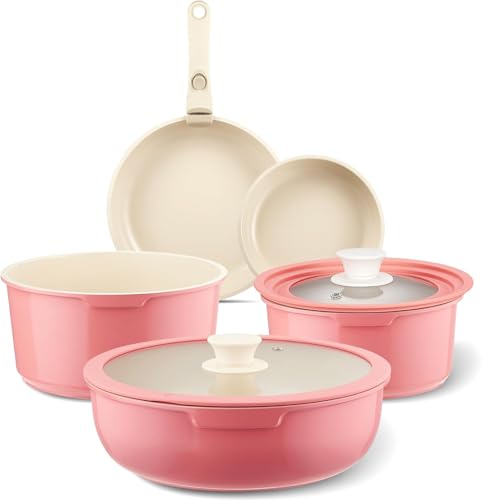 Ceramic Pots and Pans Set Non Stick Pink (Pink)