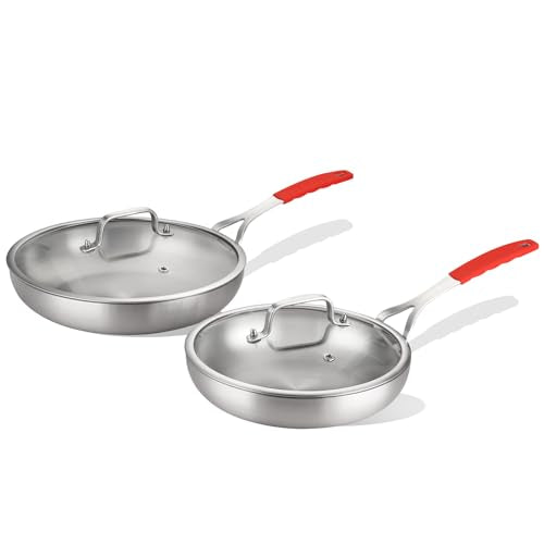 Tri Ply Stainless Steel Frying Pan Set 10" 12" with Lid Skillet (Silver)