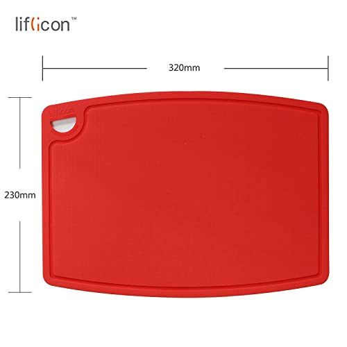Thick Silicone Cutting Board 12.6'' x 9.1'' Juice Grooves Easy Grip Handle Dishwasher Safe (12.6"L x 9.1"W / Red)