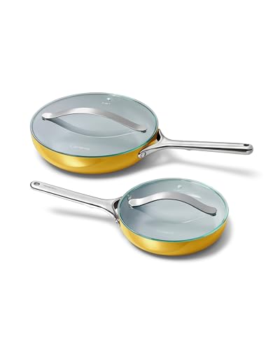 Ceramic Fry Pan Duo with Glass Lids (1x 10.5 IN & 1x 8 IN / Marigold)