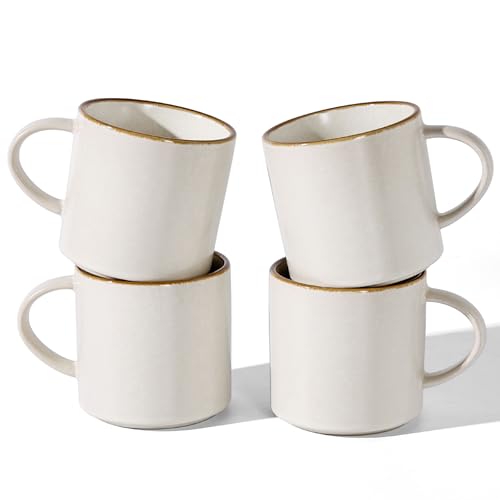 Coffee Mugs Set of 4 (Matte Beige White with Brown Rim / 4pcs)