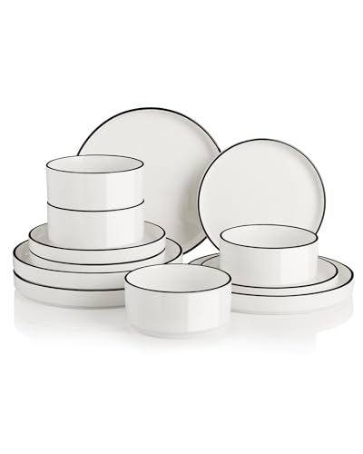 Sweejar Porcelain Dinnerware Sets for 4 (Pure White-Black Rim / Service for 4 (12pcs))