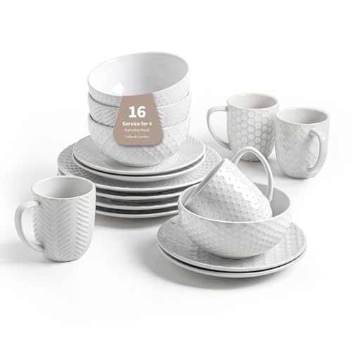 16 Piece Ceramic Dinnerware Set with Mugs (White-Mixed Embossment / Service for 4-16Pcs (with Mugs))