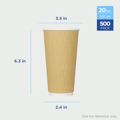20oz Ripple Insulated Coffee Hot Cups [500 Count] Kraft Double Poly Lined Paper Hot Cup (20 OZ / Brown)
