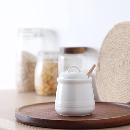 Ceramic Honey pot with Lid and Honey Dipper (White)