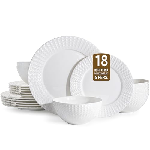 18Pc Rhombus Edge White Bone China Set (White-Rhombus / service for 6-18pcs)