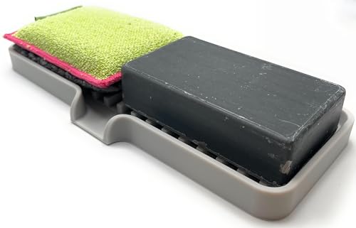 Silicone Soap Dish Tray and Sponge Holder with Drain Chute (Light Grey / (MD) 9"x3.5")