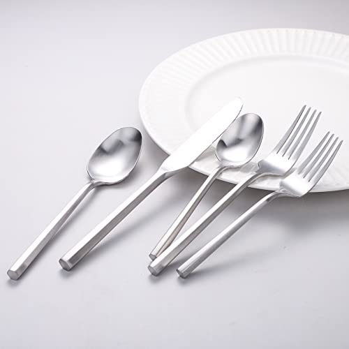 Matte Silverware Set Silver Flatware Set with Hexagon Handle 20 Pieces 18 (Matt silver)