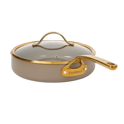 Non Stick Ceramic Frying Pan (Cappuccino Cream w/ Gold Handle / Deep Fry Pan w/ Lid (10-Inch))