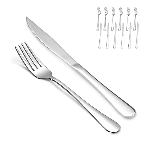 12 Pcs Silverware Set with 6 Steak Knives and 6 Dinner Forks (8.1-9.1inches Steak knife set-12p)