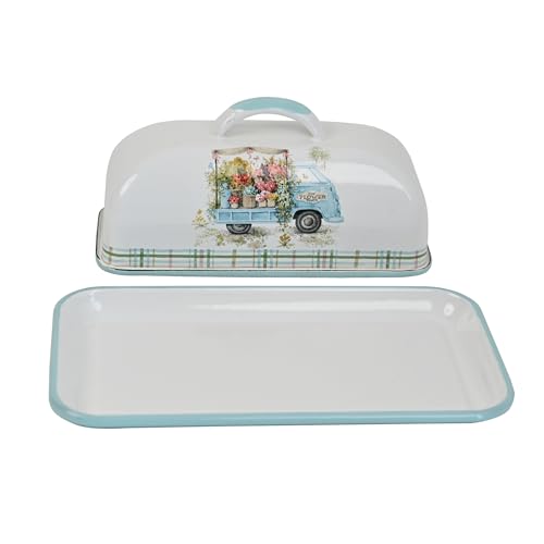 Enamel Butter Dish with Lid Vintage Enamelware Butter Keeper with Flower and Bird Patterns Farmhouse Butter Container Butter holder for Countertop Kitchen Decor (Lightblue)