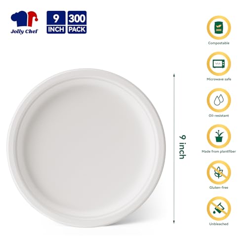 Compostable Heavy Duty Plates 9 Inch [300 Pack] Eco (9in-300pack / White)