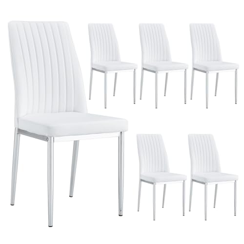White Modern Dining Chairs Set of 6 PU Leather Armless Upholstered Chair for Dinner Room (S- White)