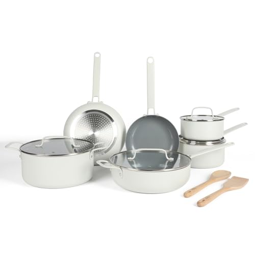 Emmeline Premium Nonstick PFA Free Ceramic Interior 12 Piece Heavy Gauge Enamel Aluminum Pots and Pans Cookware Set (12-Piece Cookware Set / Linen White)