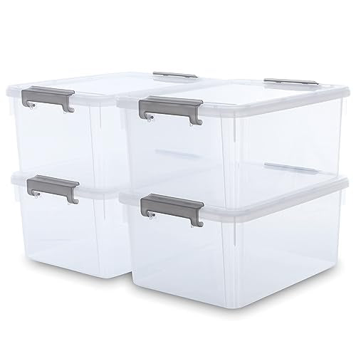 17 QT Plastic Storage Bins with Latching Lids Stackable Storage Containers for Organizing Large Clear Storage Box for Garage (Clear White / 4 PCS-17 QT)