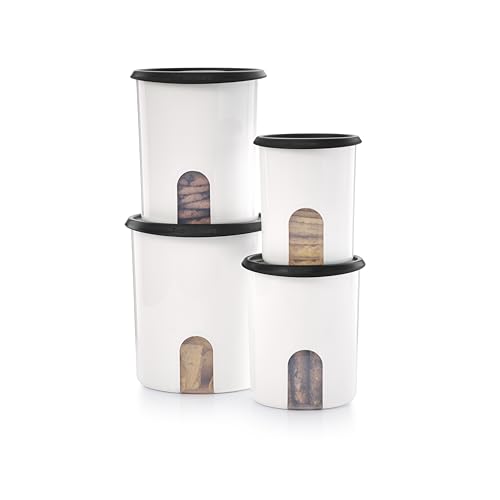 One Touch Reminder Canisters 4 Canister Food Storage Set in White & Black (4 Canister Set - One-Touch White/Black)