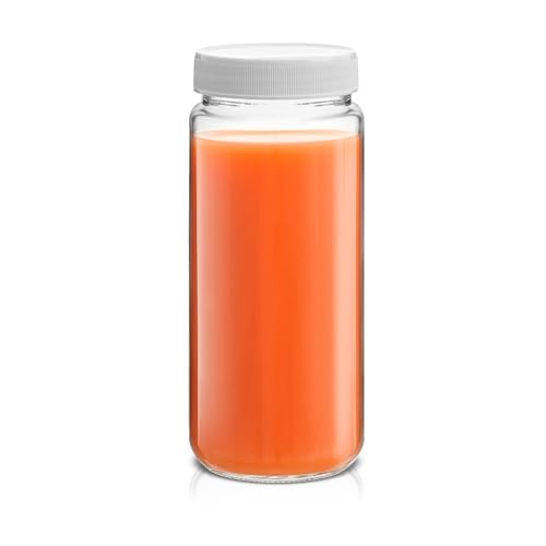 16 oz Reusable Glass Bottles with Caps. Set of 8 Juicing Bottles With Lids and Juice Jars Labels. Glasses for Cold Brew (White Lids)