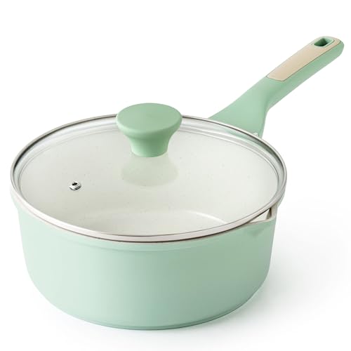 Ceramic Nonstick Saucepan with Double Pouring Spout (Mint Green / 3 Quarts)