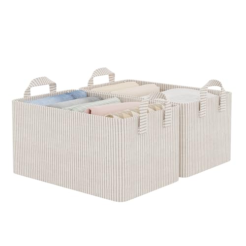 Fabric Storage Bins (Khaki and Beige Stripes / 14 ¾" L x 10 ¼" W x 8 ¼" H)