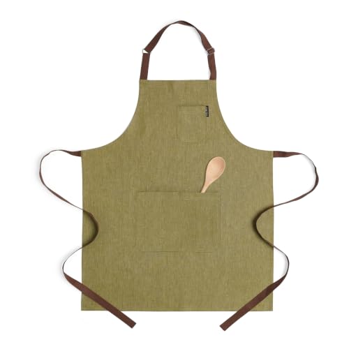 100% Pure Linen Apron (Olive / Brown / 32 X 27 Inch)