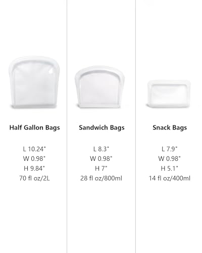 4 Pack Seal Top Silicone Food Storage Bags Microwave Oven Safe (Flat - Clear / ‎4Pcs-14oz 28oz 28oz 70oz)