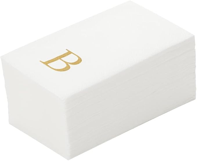 Luxenap 15.8 X 7.9 Inch Linen-Feel Guest Towels, 50 Lettered Hand Towels - Gold Letter 'B', Sans Serif Font, White Paper Dinner Napkins, airlaid, For Restrooms And Tables - Restaurantware