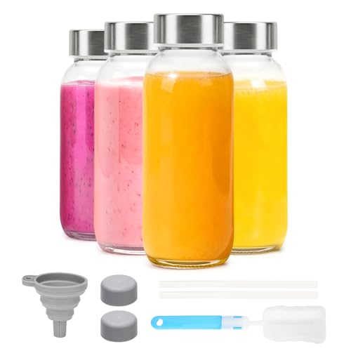 Glass Juice Bottles with Lid 12 oz (Clear Glass Bottle 4 Pack / 12 Ounces)