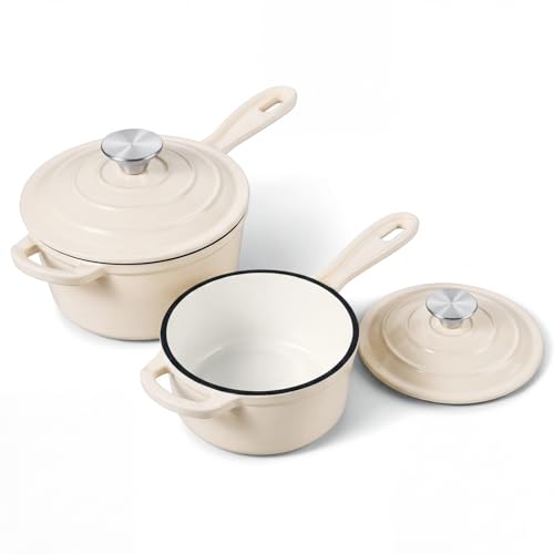 Enameled Cast Iron Saucepan Set (Cream White / 1+2 Quarts)
