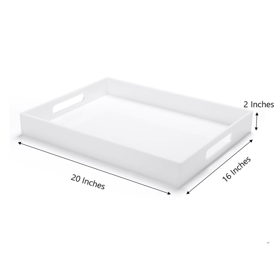 White Acrylic Large Ottoman Tray with Handles 16"x20"x2" Spill Proof Serving Tray Rubber Boot Organizer Tray Decorative for Living Room Bedroom Kitchen Entryway Coffee Table Countertop (White / 20" x 16" x 2")
