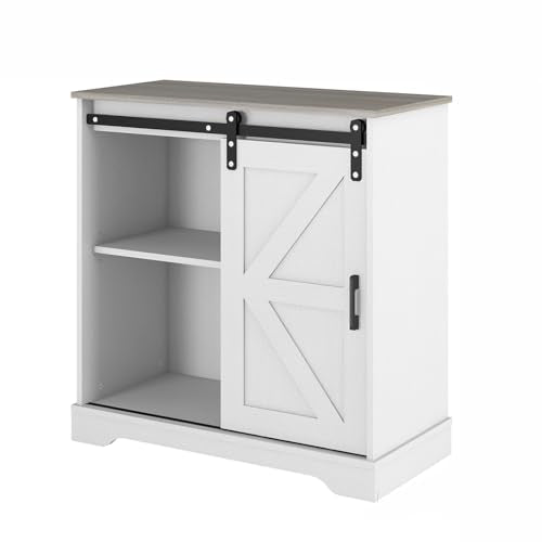 Sliding Barn Door Buffet Sideboard Storage Cabinet Coffee Bar Kitchen Farmhouse Style (White Cabinet Nature Top)