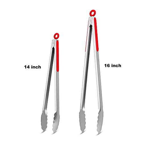 304 Stainless Steel Kitchen Cooking Tongs (14" & 16" / Red)