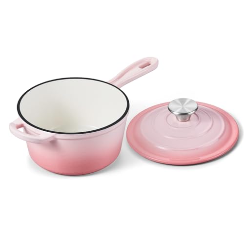 1QT Enameled Cast Iron Saucepan with Lid (Pink / 1 Quarts)