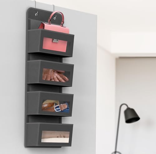 4 Clear Pocket Over Door Hanging Organizer (4 Pockets / Dark Gray)