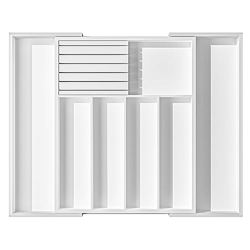 Silverware Drawer Organizer Bamboo Knife Organizer Drawer Insert Expandable Utensil Holder for Kitchen Drawer Flatware Holder W12.8 (White)