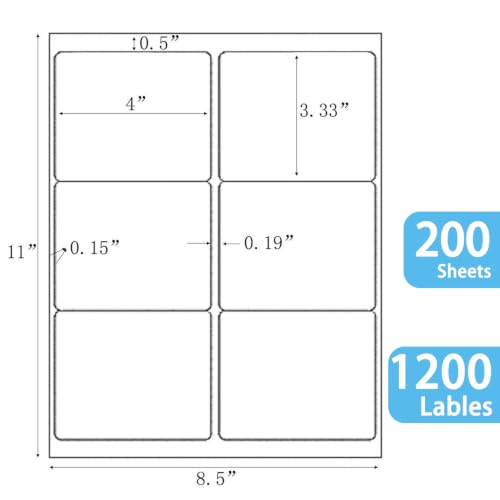 6 up 3-1/3" x 4" Sticker Labels Shipping Address Labels for Laser & Inkjet Printer, 200 Sheets, Total 1200 Labels (3-1/3" x 4" (6-UP) / 200 Sheets)