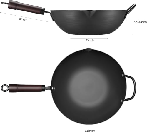 Wok 13 Inch carbon steel wok pan with steamer & stir (13 Inch)