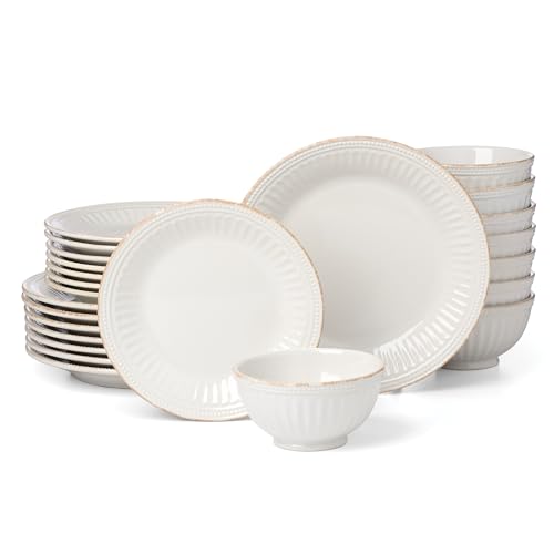 French Perle Groove White Stoneware 24 (24-Piece Dinnerware Set)