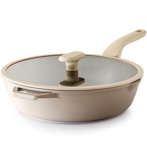 Nonstick Deep Frying Pan with Glass Lid (12 Inch / Natural Linen)
