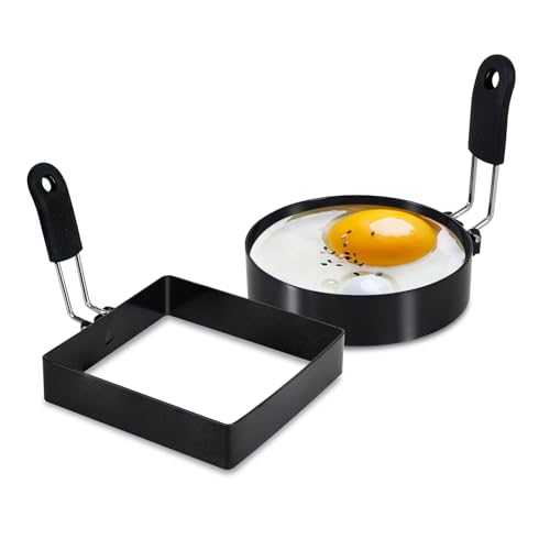 2 Pack Round+Square Egg Rings Set with Silicone Handle