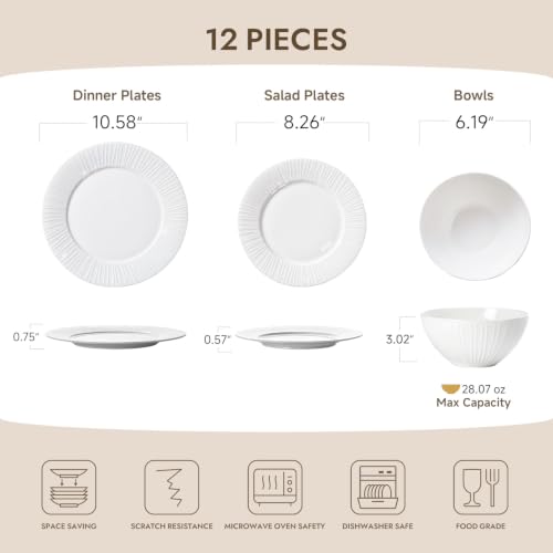 12Pc Textured White Bone China Set Service for 4 (White-striped / service for 4-12pcs)
