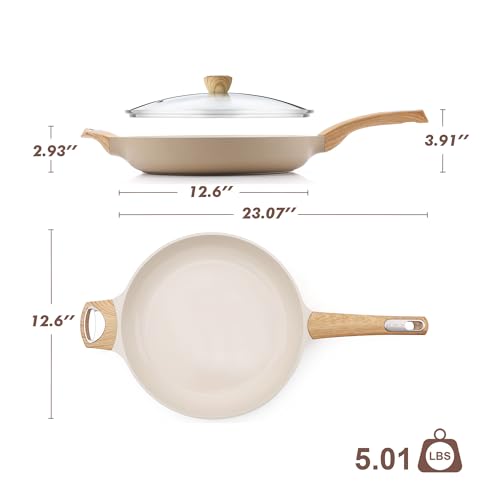 12.5inch Ceramic Nonstick Frying Pan Paella Pan with Lid (12.5 Inch / TAFFEE Taupe)