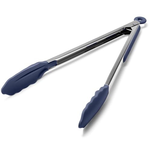 Kitchen Tongs with Silicone Tips for Cooking Serving (12in / Navy Blue)