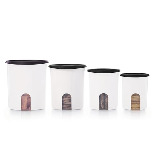 One Touch Reminder Canisters 4 Canister Food Storage Set in White & Black (4 Canister Set - One-Touch White/Black)