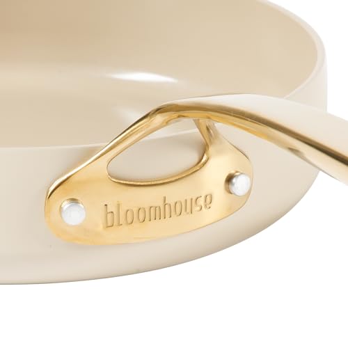 Saute Deep Frying Pan Skillet with Lid (Almond Cream w/ Gold Handle / Deep Fry Pan w/ Lid (10-Inch))