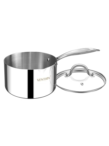 Tri Ply Stainless Steel 1.4 Quart Induction Saucepan with Lid (Upgraded Style / 1 Quarts)