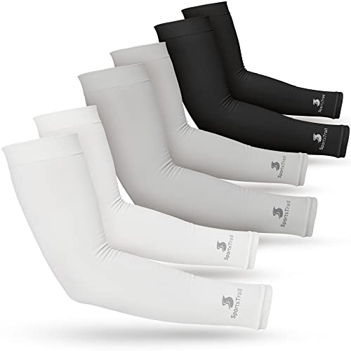 Cooling Arm Sleeves for Men & Women (3 Pairs: 1 Pair White + 1 Pair Gray + 1 Pair Black / One Size)
