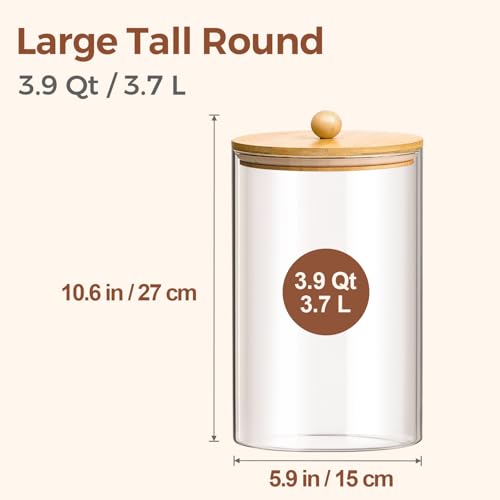 Glass Storage Jars with Bamboo Lids 3.9 Qt 2 Pack Large Pantry Round (3.9Qt/1Gallon-Round-2Pack)